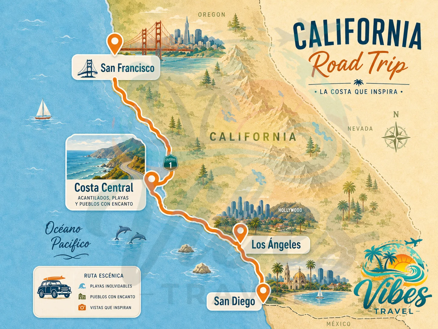Mapa de ruta por California: Los Ángeles, San Diego, Costa Central y San Francisco